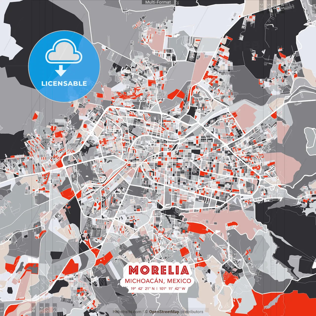 Morelia, Michoacán, Mexico - modern street map poster template with gray and red tones