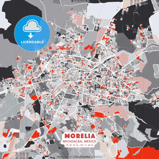 Morelia, Michoacán, Mexico - modern street map poster template with gray and red tones