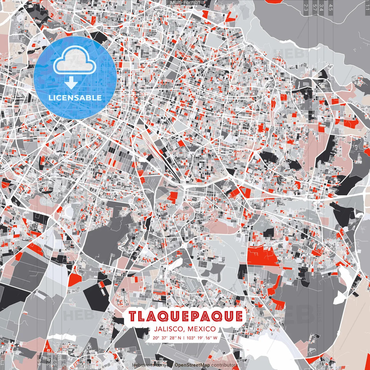 Tlaquepaque, Jalisco, Mexico - modern street map poster template with gray and red tones