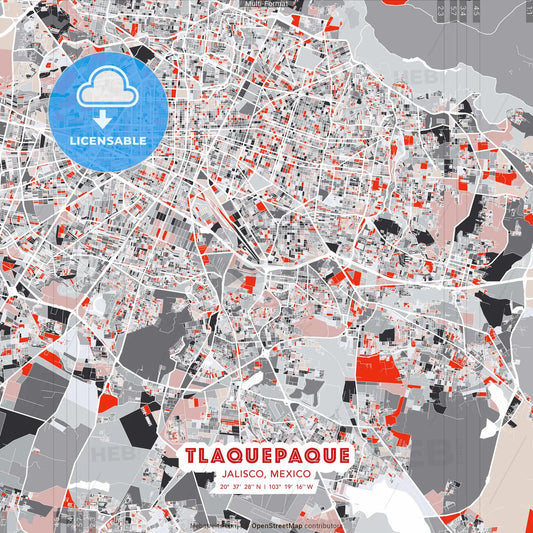 Tlaquepaque, Jalisco, Mexico - modern street map poster template with gray and red tones