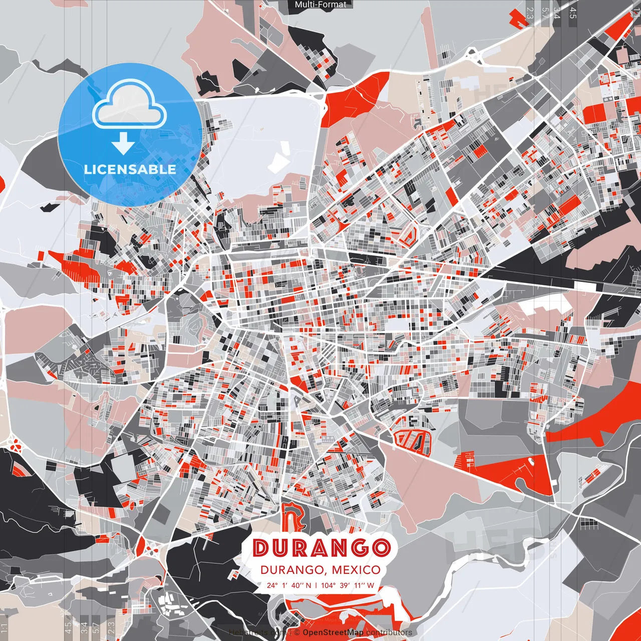 Durango, Durango, Mexico - modern street map poster template with gray and red tones
