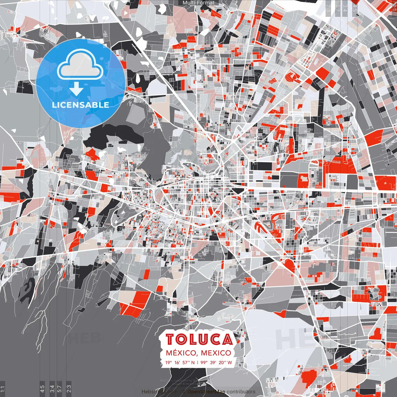 Toluca, México, Mexico - modern street map poster template with gray and red tones