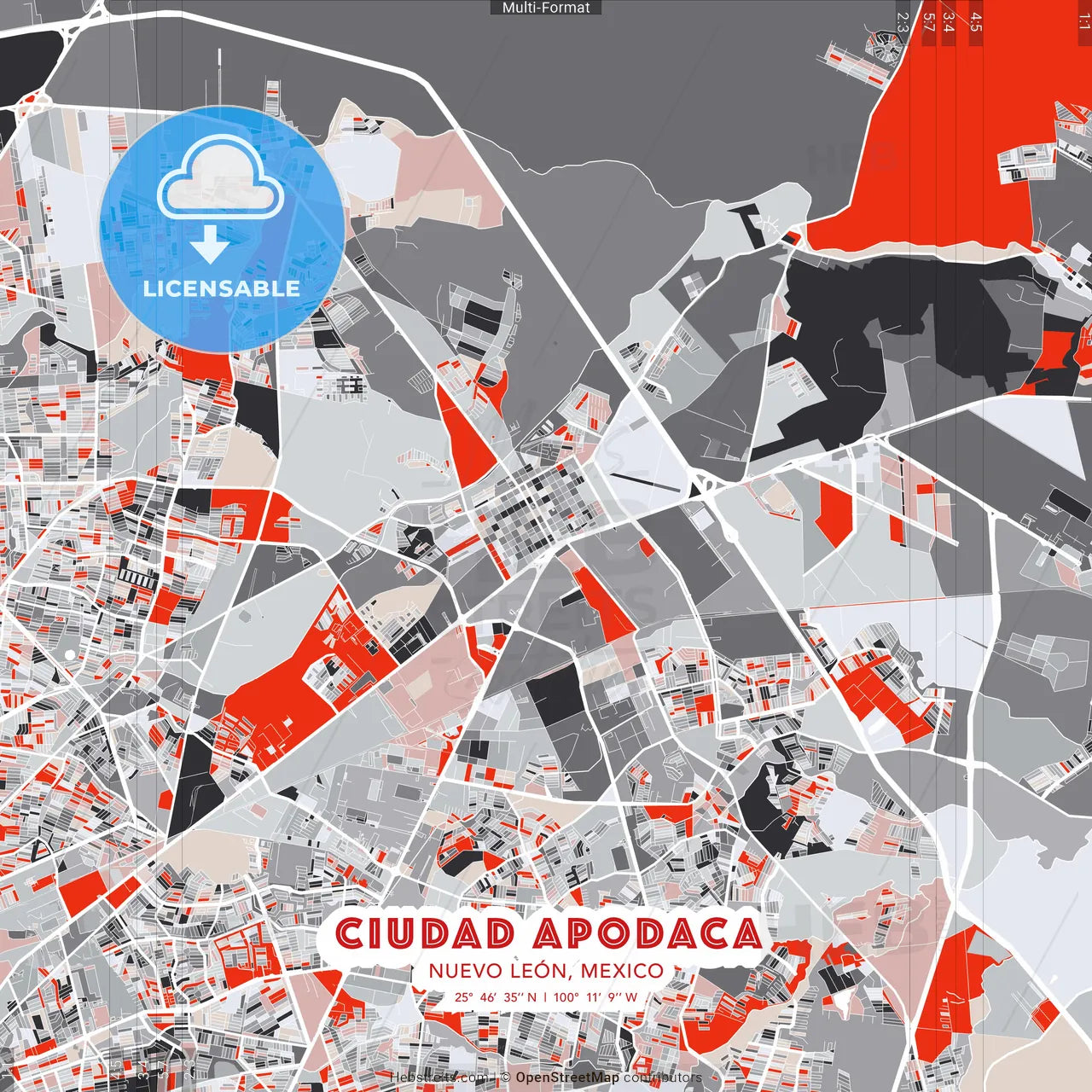 Ciudad Apodaca, Nuevo León, Mexico - modern street map poster template with gray and red tones
