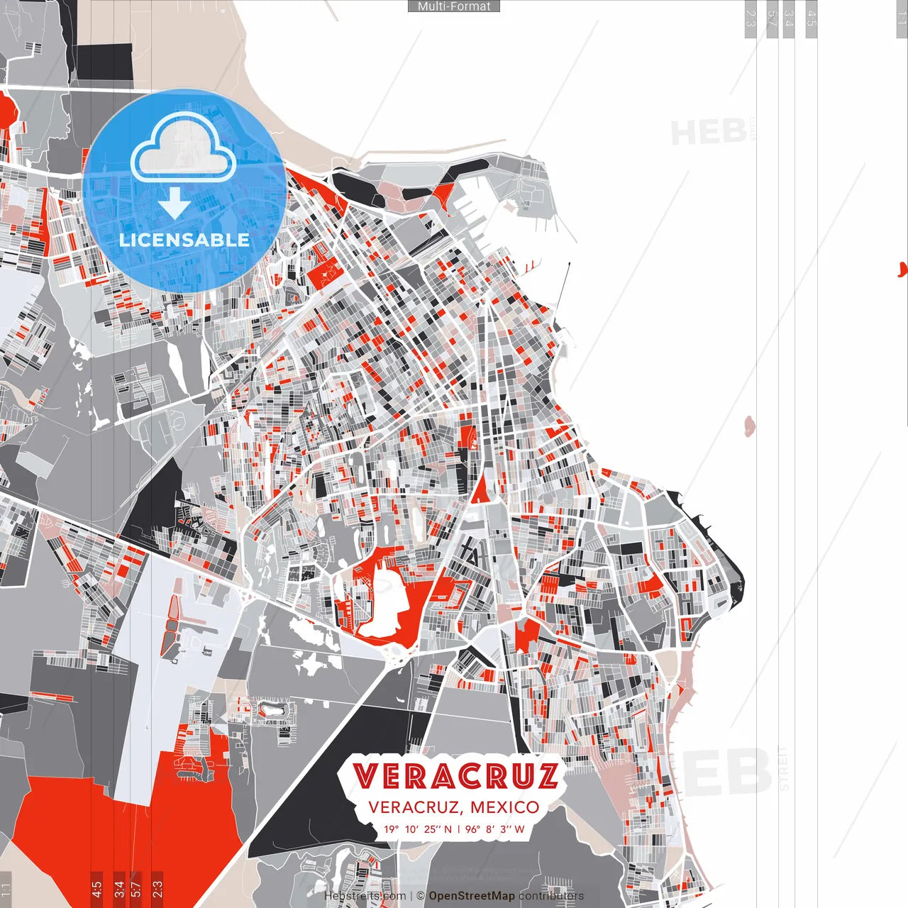 Veracruz, Veracruz, Mexico - modern street map poster template with gray and red tones
