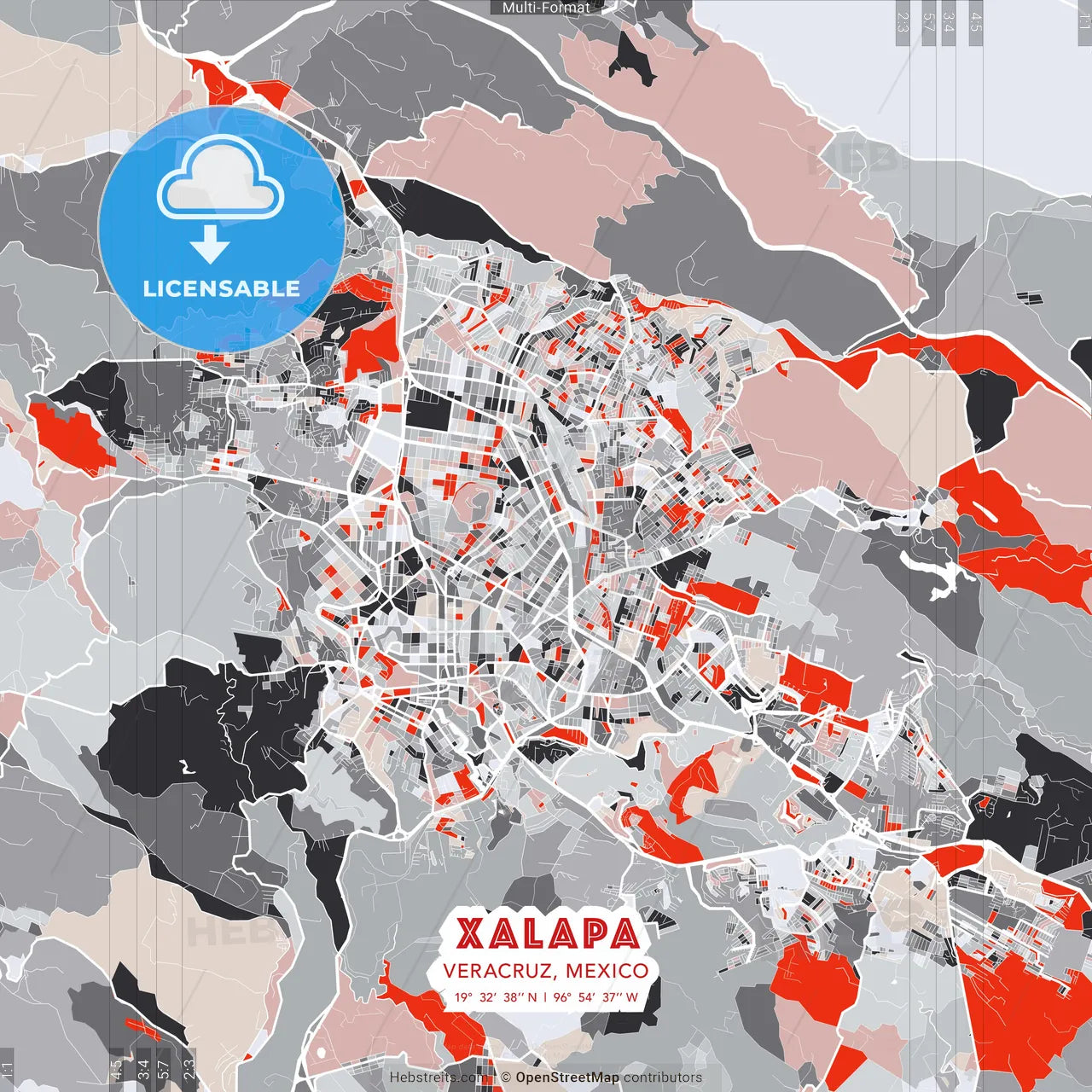 Xalapa, Veracruz, Mexico - modern street map poster template with gray and red tones