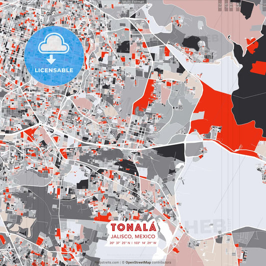 Tonalá, Jalisco, Mexico - modern street map poster template with gray and red tones