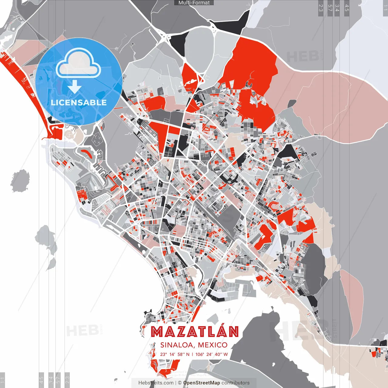 Mazatlán, Sinaloa, Mexico - modern street map poster template with gray and red tones