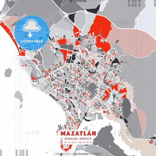 Mazatlán, Sinaloa, Mexico - modern street map poster template with gray and red tones