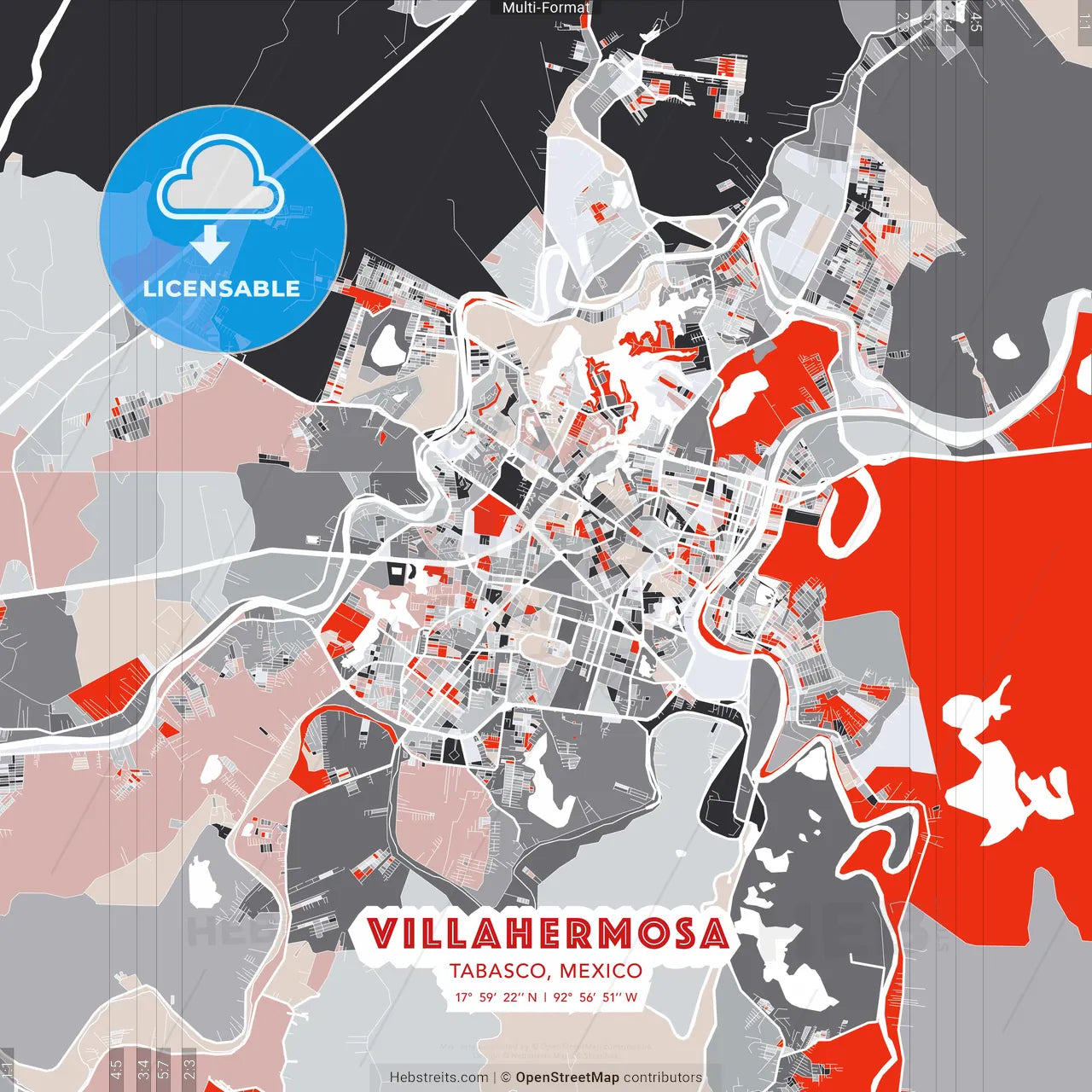 Villahermosa, Tabasco, Mexico - modern street map poster template with gray and red tones