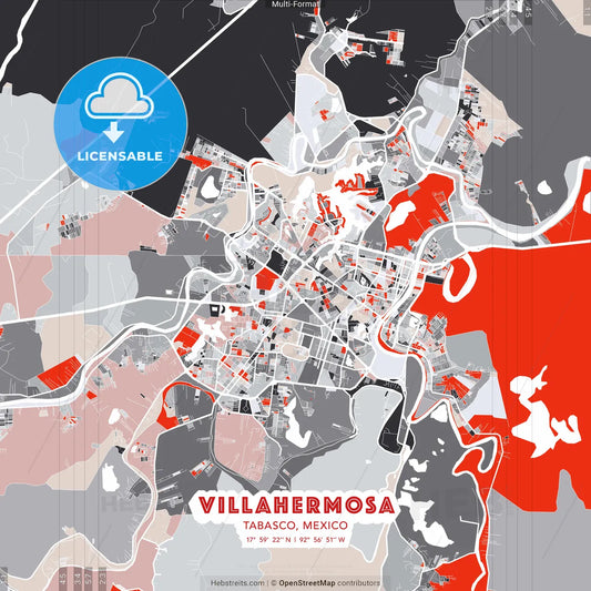 Villahermosa, Tabasco, Mexico - modern street map poster template with gray and red tones