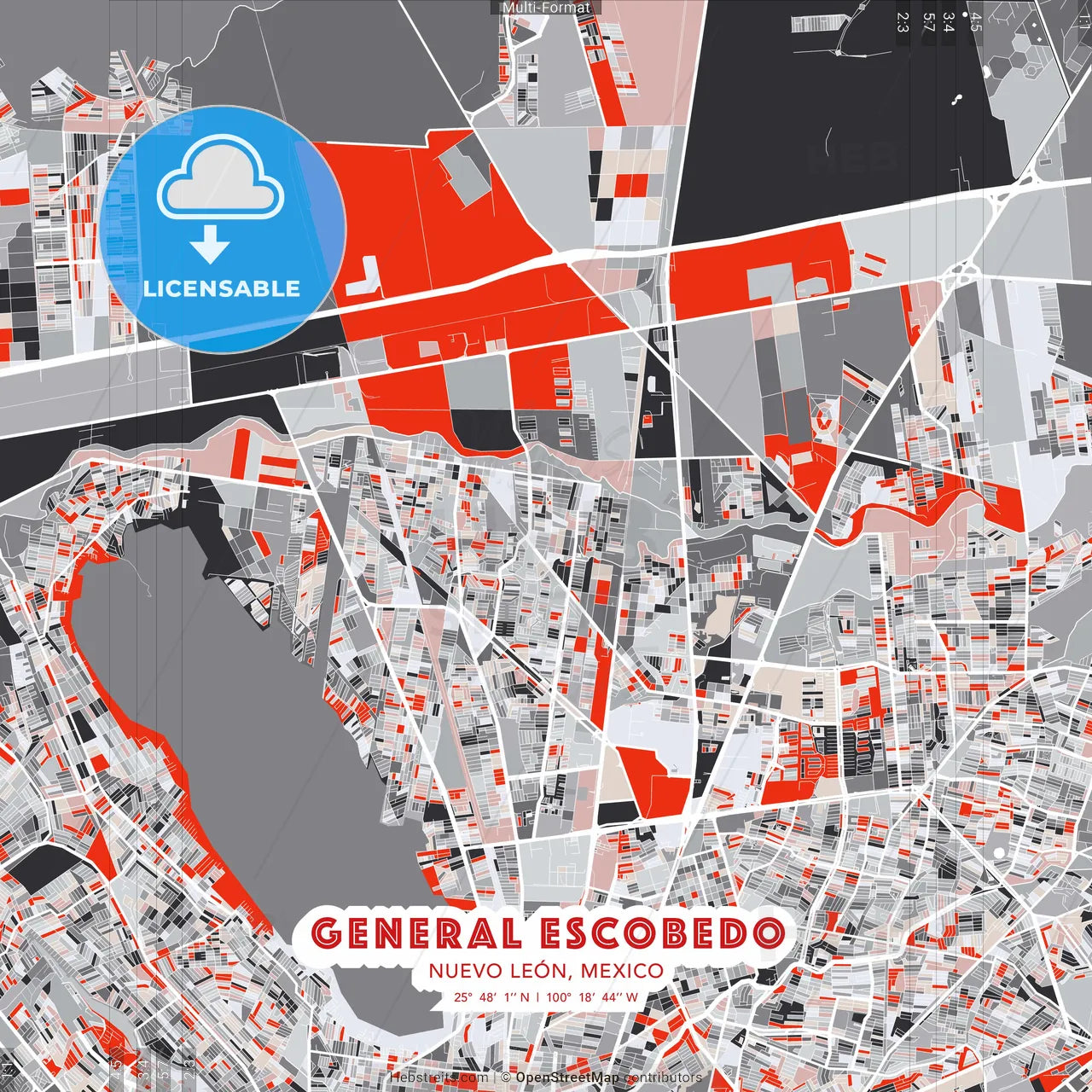 General Escobedo, Nuevo León, Mexico - modern street map poster template with gray and red tones