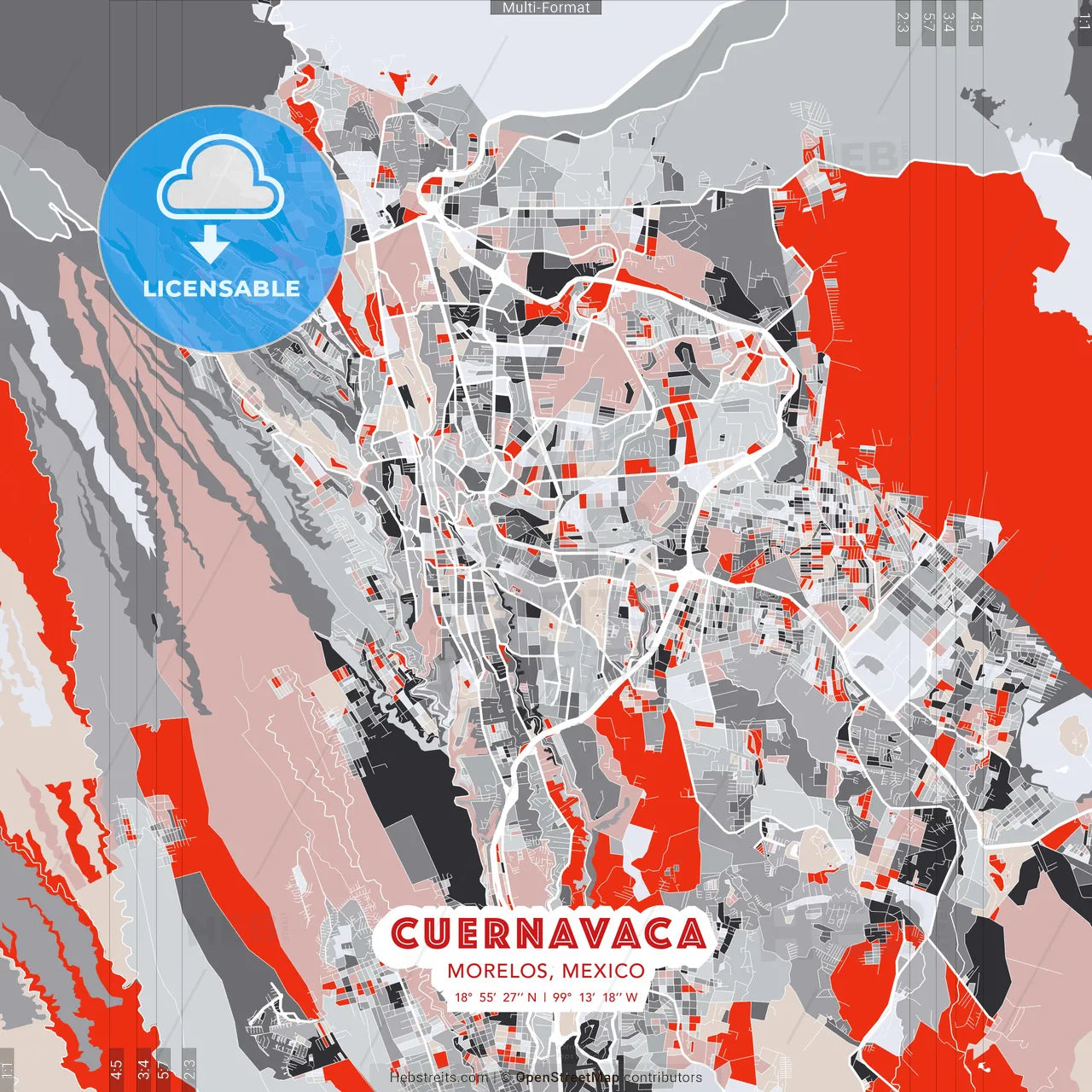 Cuernavaca, Morelos, Mexico - modern street map poster template with gray and red tones