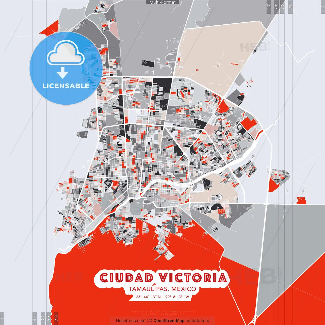 Ciudad Victoria, Tamaulipas, Mexico - modern street map poster template with gray and red tones