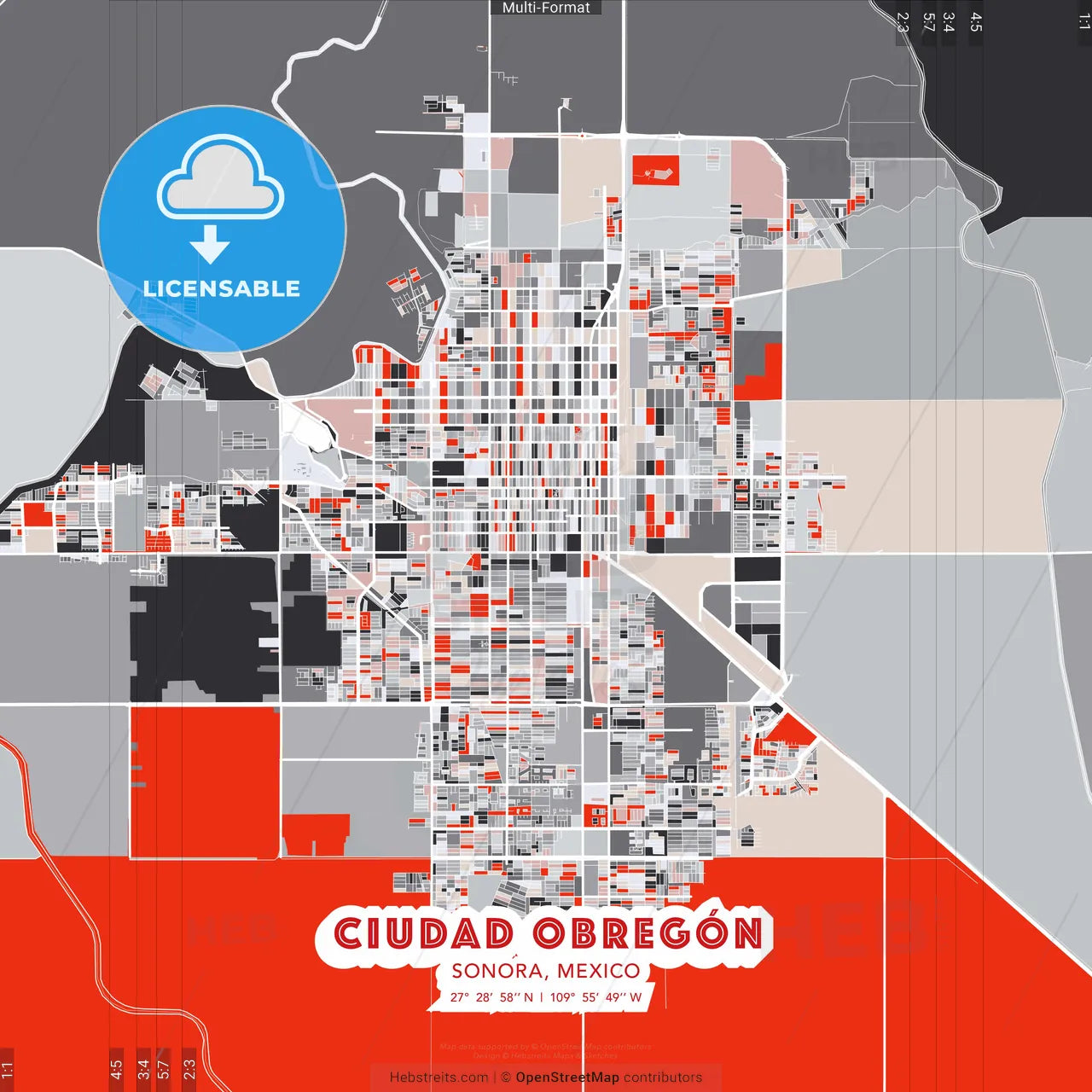 Ciudad Obregón, Sonora, Mexico - modern street map poster template with gray and red tones