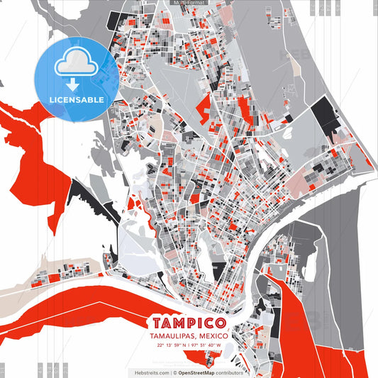 Tampico, Tamaulipas, Mexico - modern street map poster template with gray and red tones