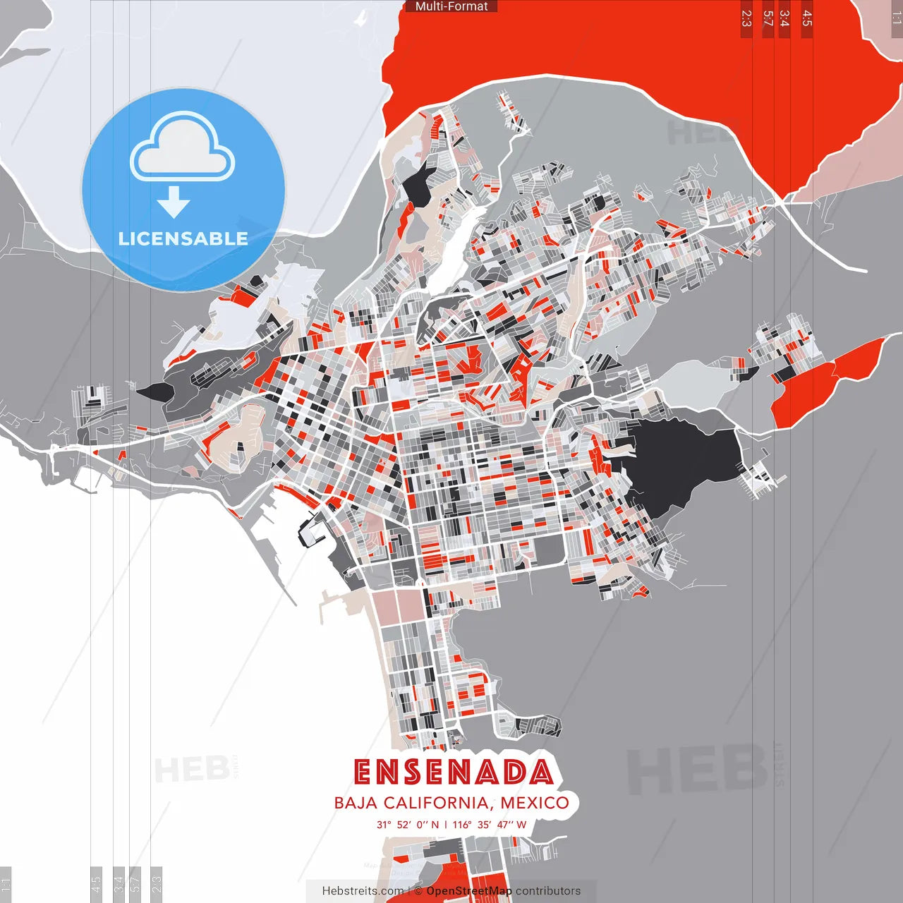 Ensenada, Baja California, Mexico - modern street map poster template with gray and red tones