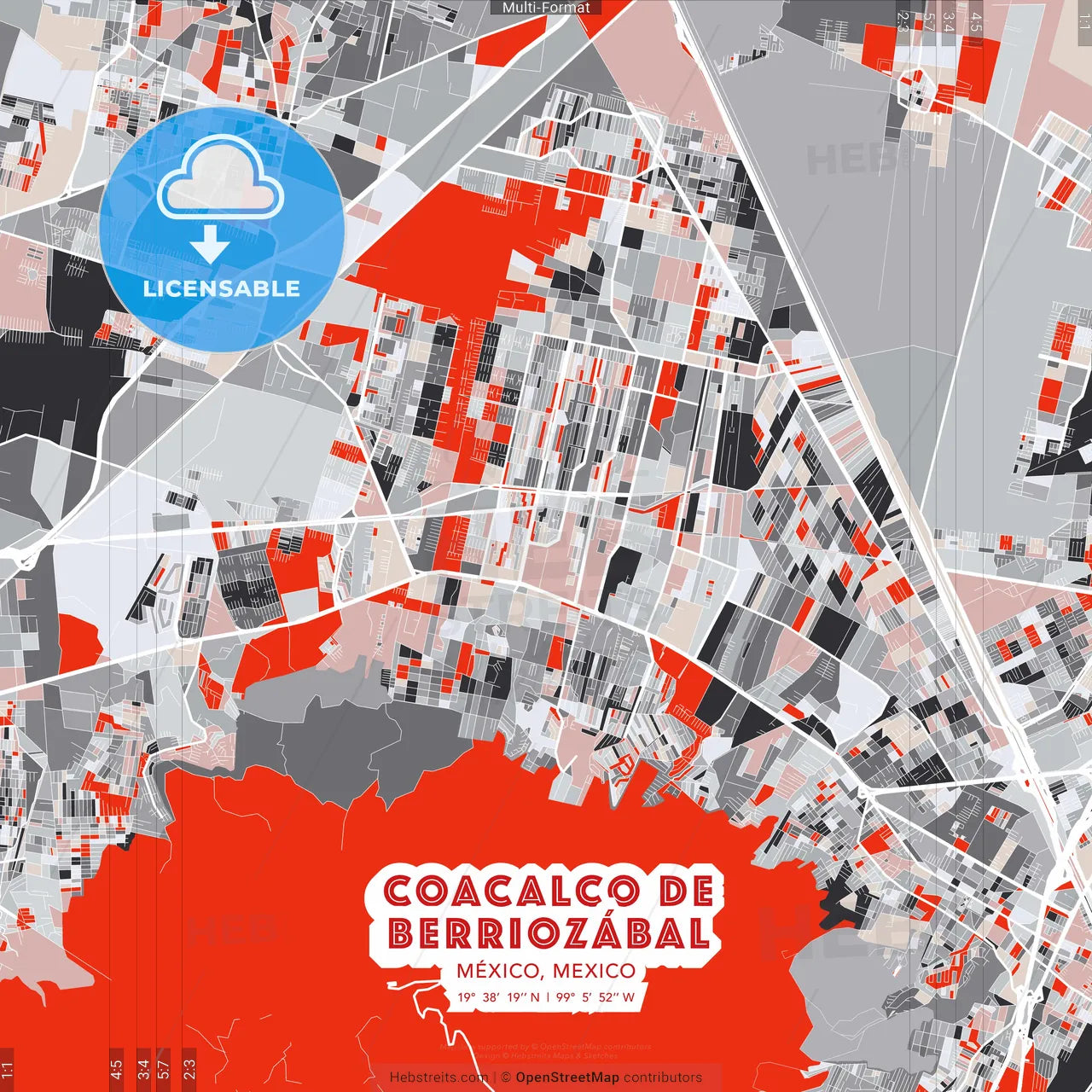 Coacalco de Berriozábal, México, Mexico - modern street map poster template with gray and red tones