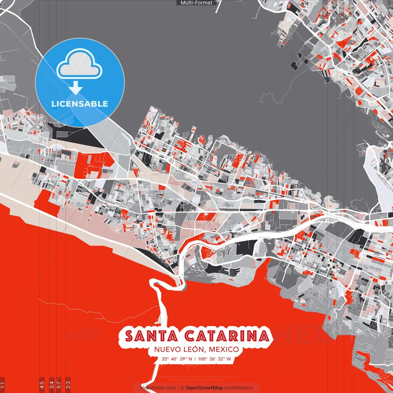 Santa Catarina, Nuevo León, Mexico - modern street map poster template with gray and red tones