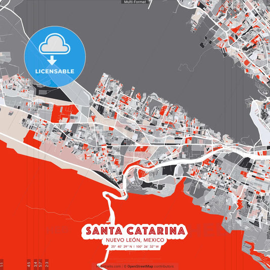 Santa Catarina, Nuevo León, Mexico - modern street map poster template with gray and red tones