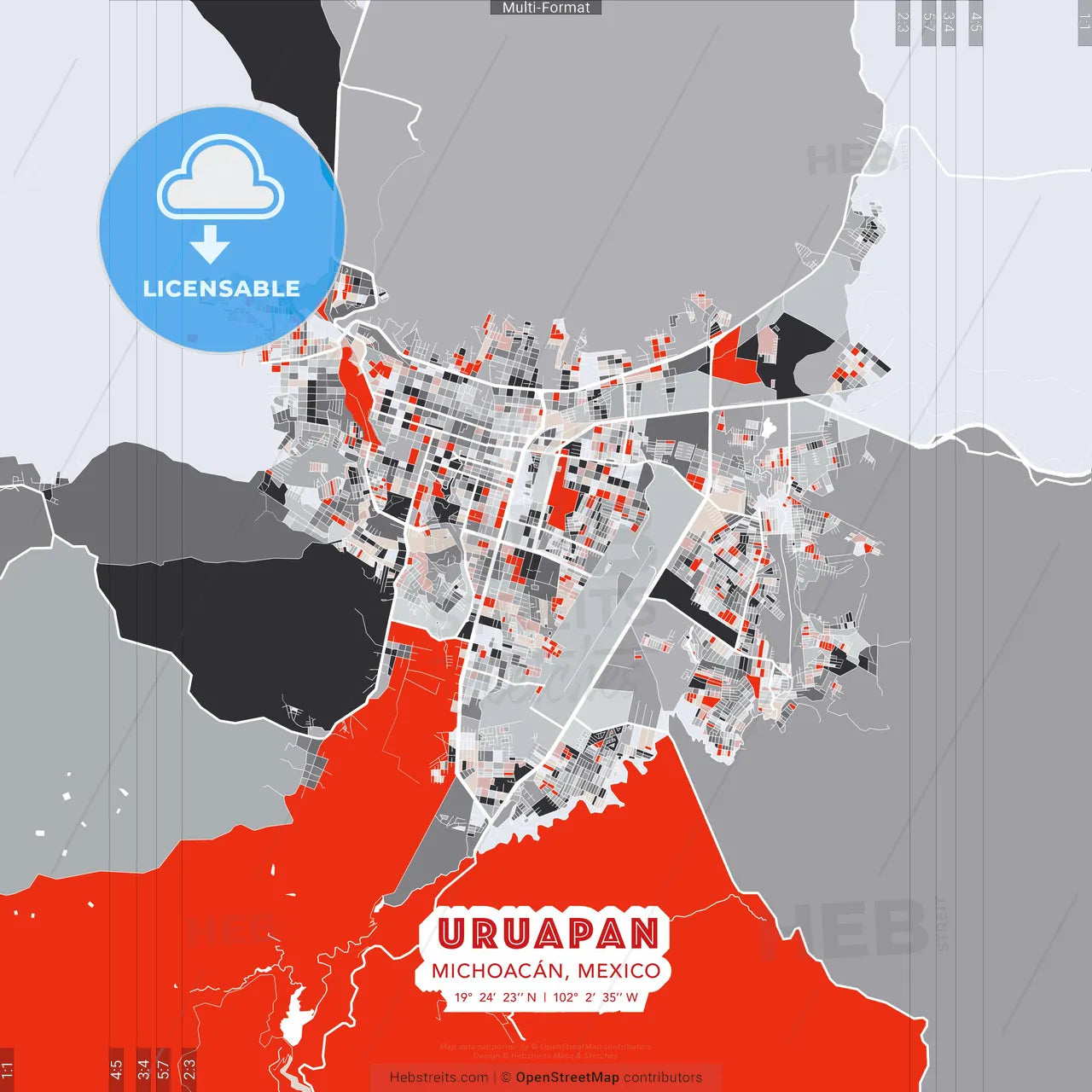 Uruapan, Michoacán, Mexico - modern street map poster template with gray and red tones