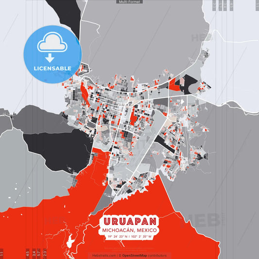 Uruapan, Michoacán, Mexico - modern street map poster template with gray and red tones