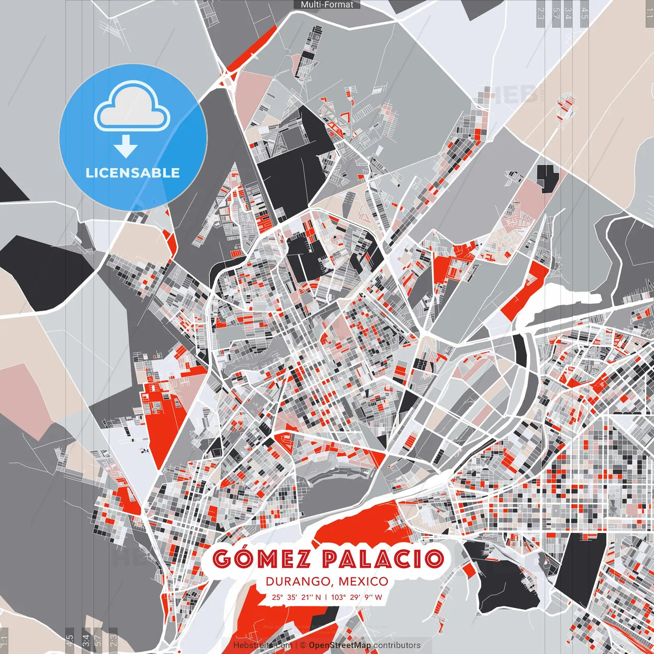 Gómez Palacio, Durango, Mexico - modern street map poster template with gray and red tones