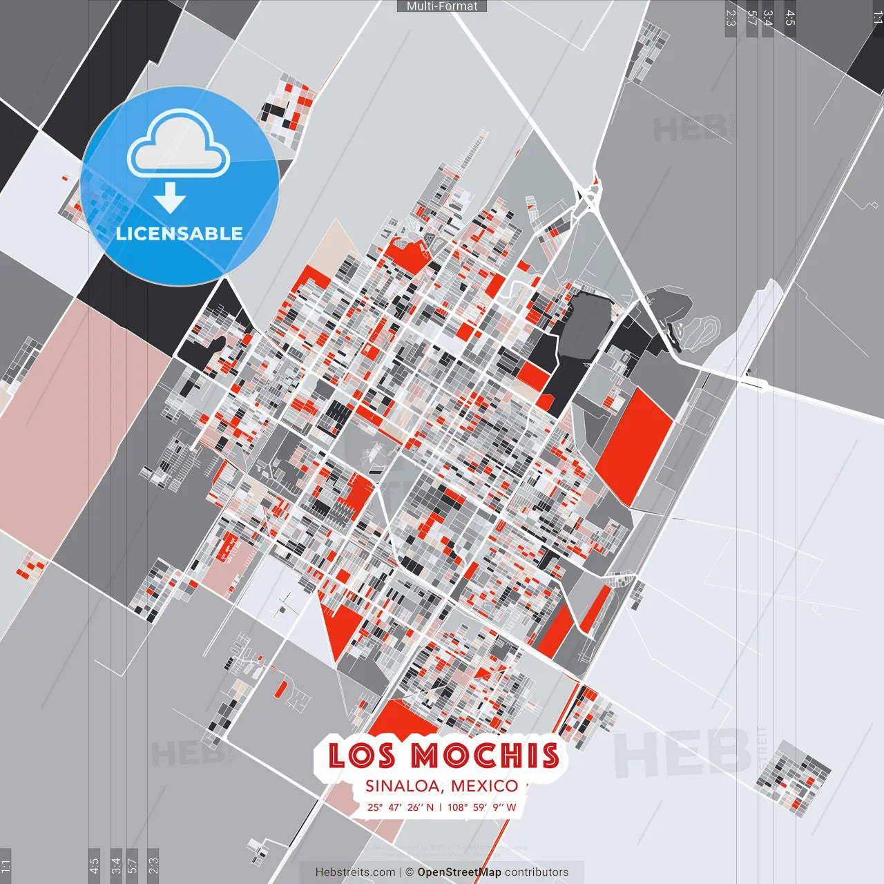 Los Mochis, Sinaloa, Mexico - modern street map poster template with gray and red tones