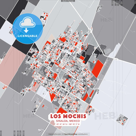 Los Mochis, Sinaloa, Mexico - modern street map poster template with gray and red tones