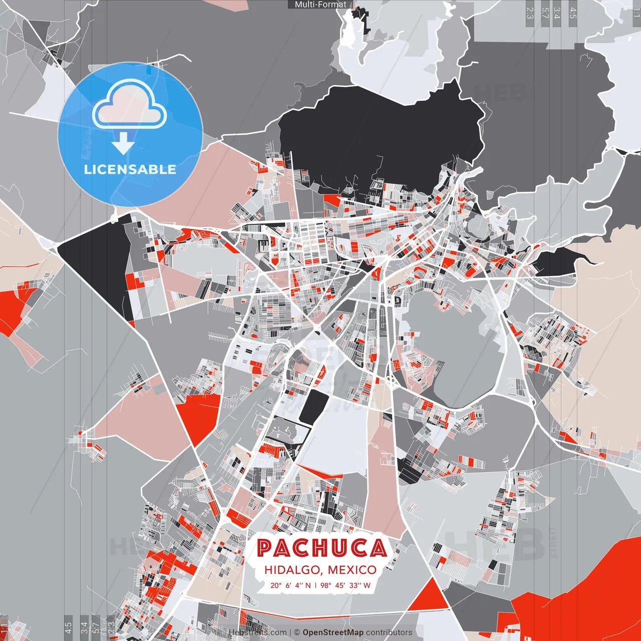 Pachuca, Hidalgo, Mexico - modern street map poster template with gray and red tones