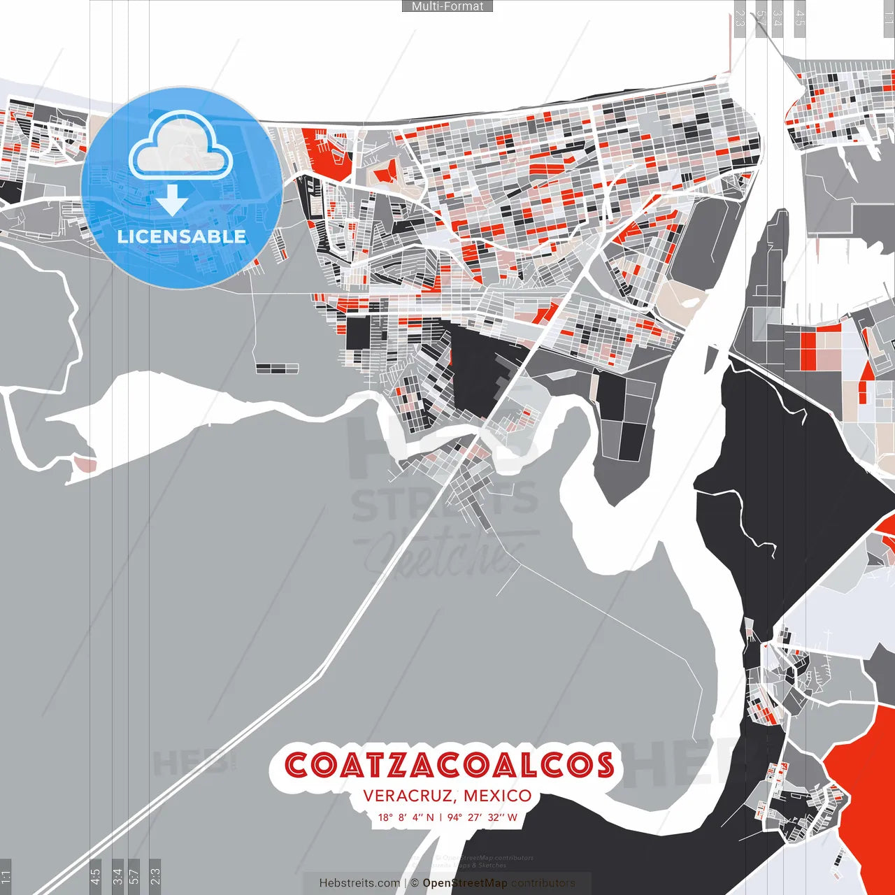 Coatzacoalcos, Veracruz, Mexico - modern street map poster template with gray and red tones
