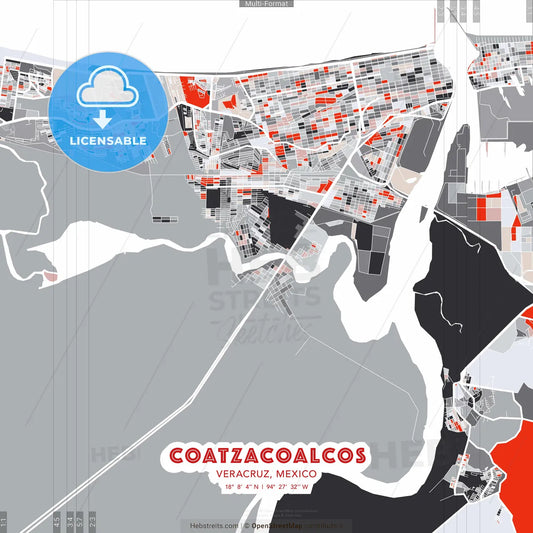 Coatzacoalcos, Veracruz, Mexico - modern street map poster template with gray and red tones