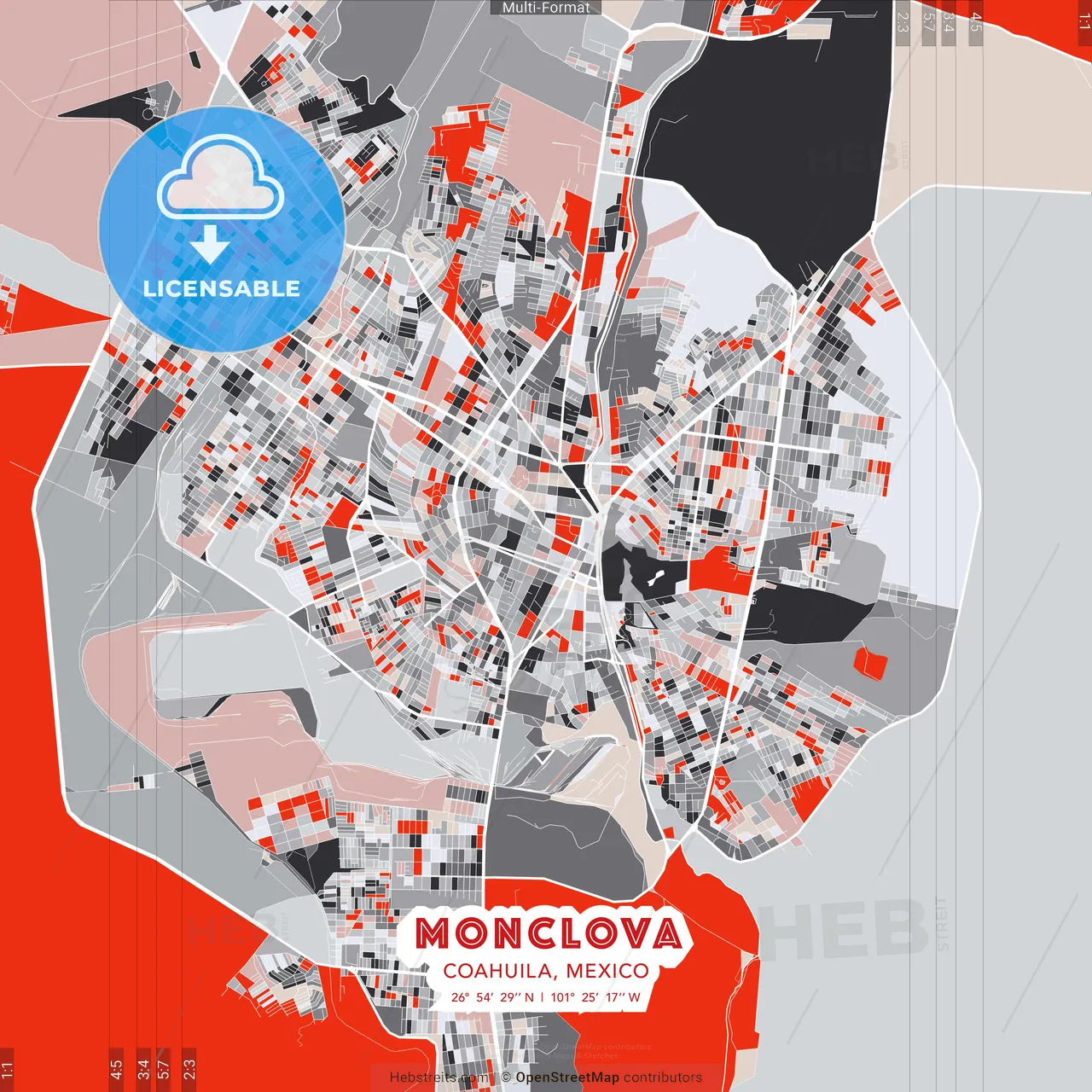 Monclova, Coahuila, Mexico - modern street map poster template with gray and red tones