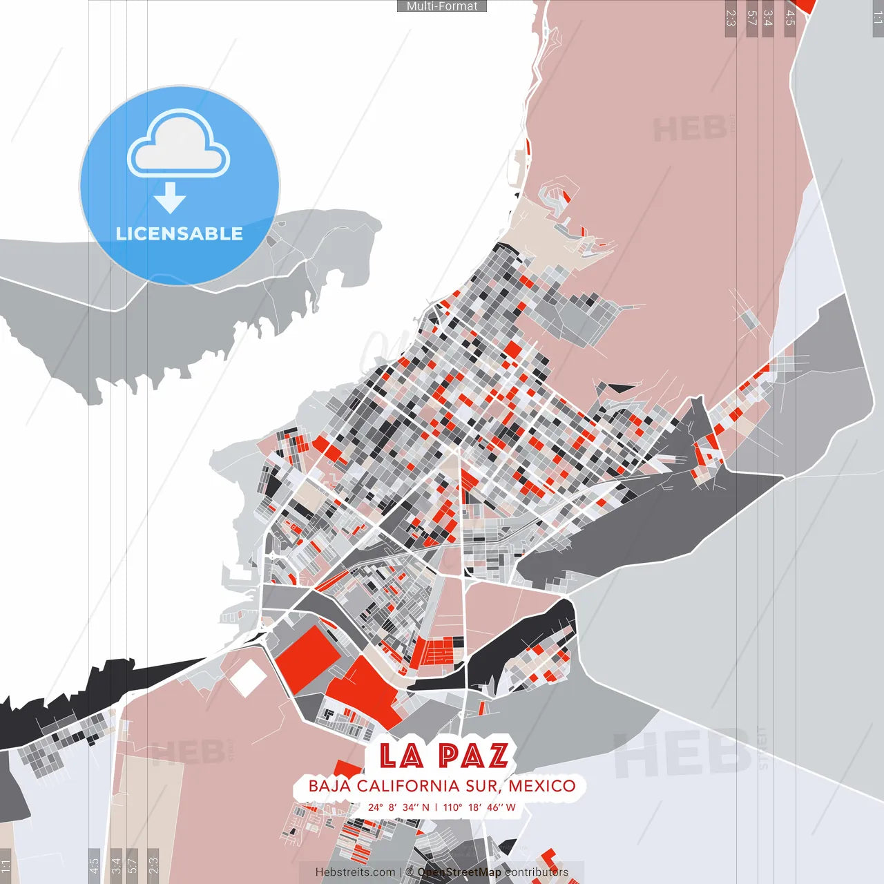 La Paz, Baja California Sur, Mexico - modern street map poster template with gray and red tones