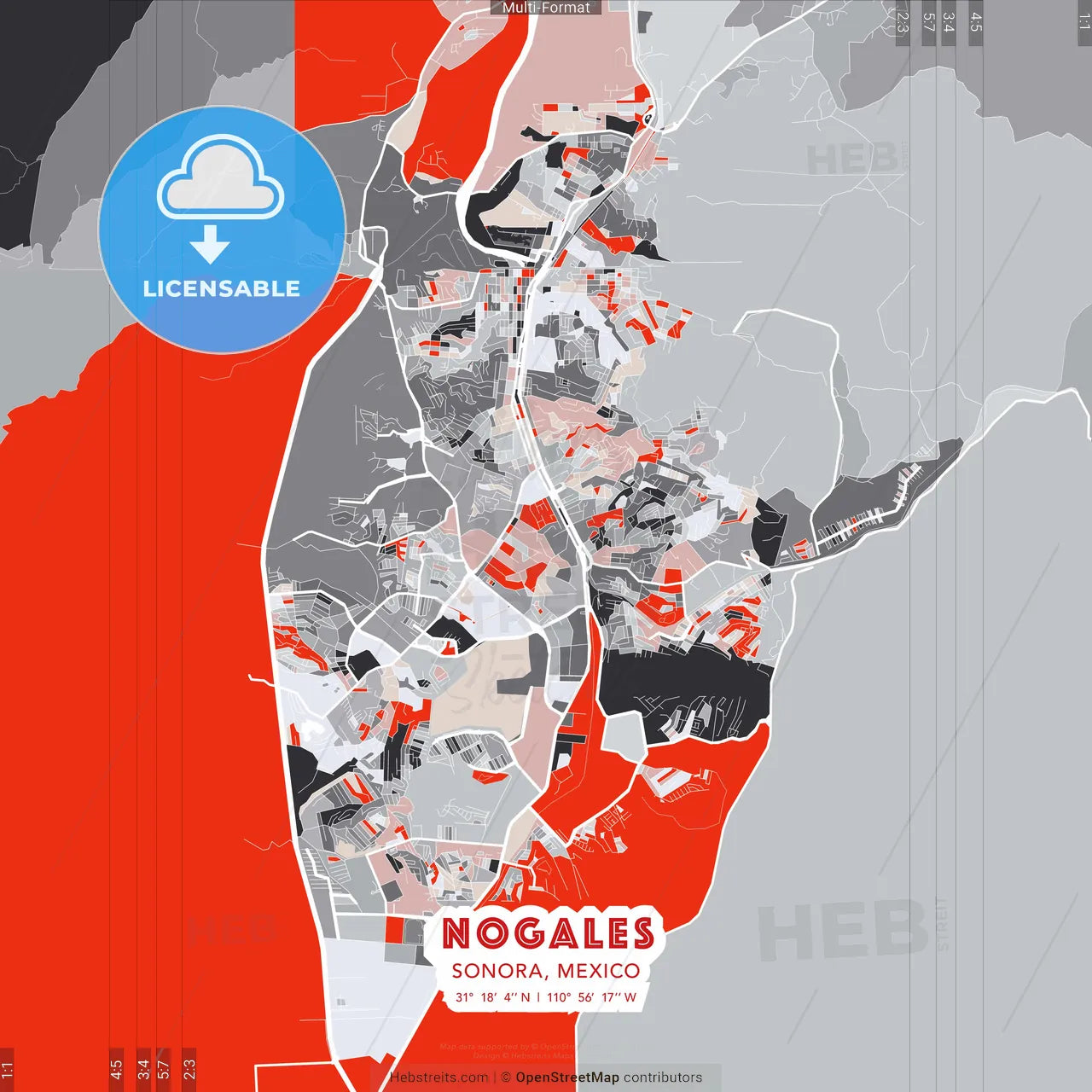 Nogales, Sonora, Mexico - modern street map poster template with gray and red tones