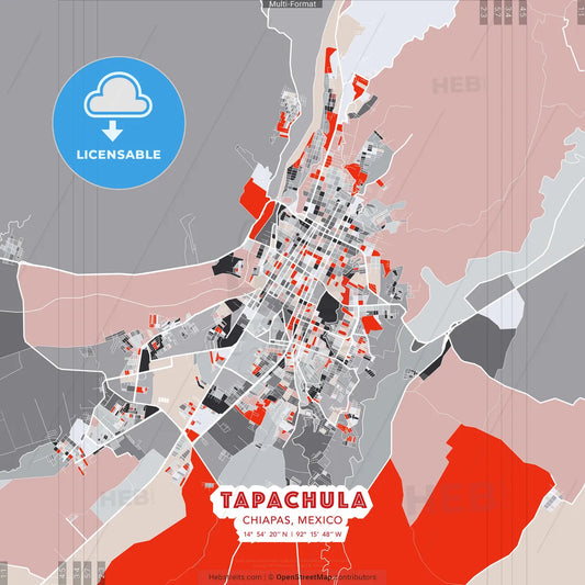Tapachula, Chiapas, Mexico - modern street map poster template with gray and red tones