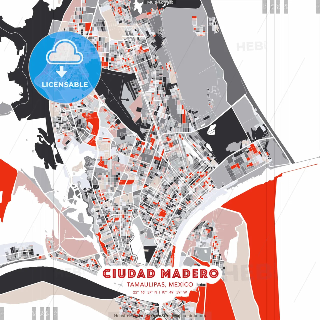 Ciudad Madero, Tamaulipas, Mexico - modern street map poster template with gray and red tones