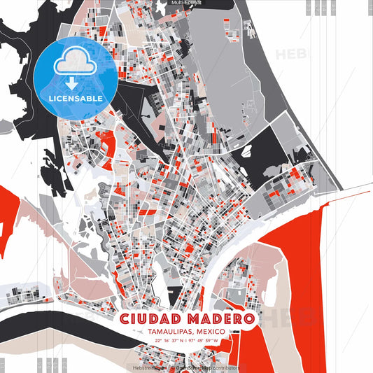 Ciudad Madero, Tamaulipas, Mexico - modern street map poster template with gray and red tones