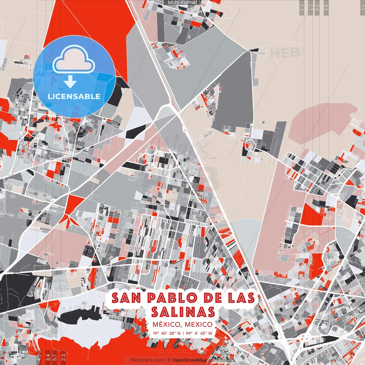 San Pablo de las Salinas, México, Mexico - modern street map poster template with gray and red tones