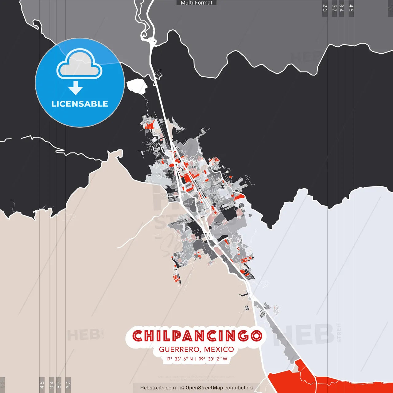 Chilpancingo, Guerrero, Mexico - modern street map poster template with gray and red tones