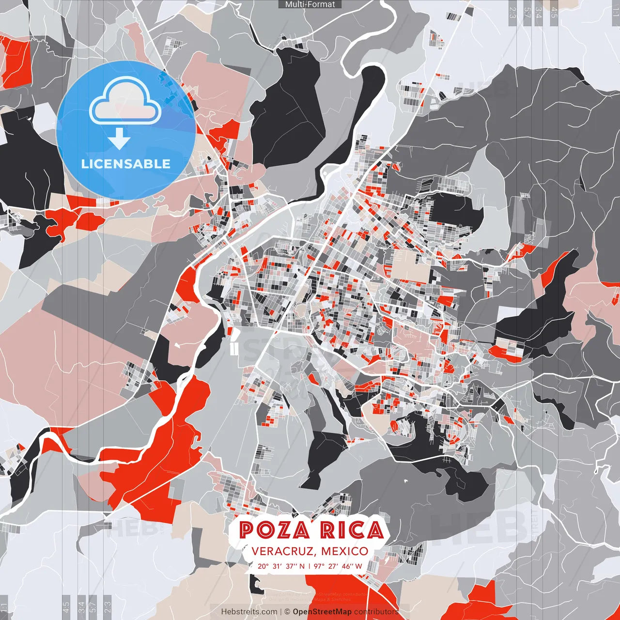 Poza Rica, Veracruz, Mexico - modern street map poster template with gray and red tones