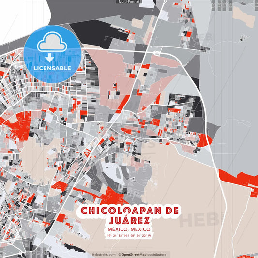 Chicoloapan de Juárez, México, Mexico - modern street map poster template with gray and red tones
