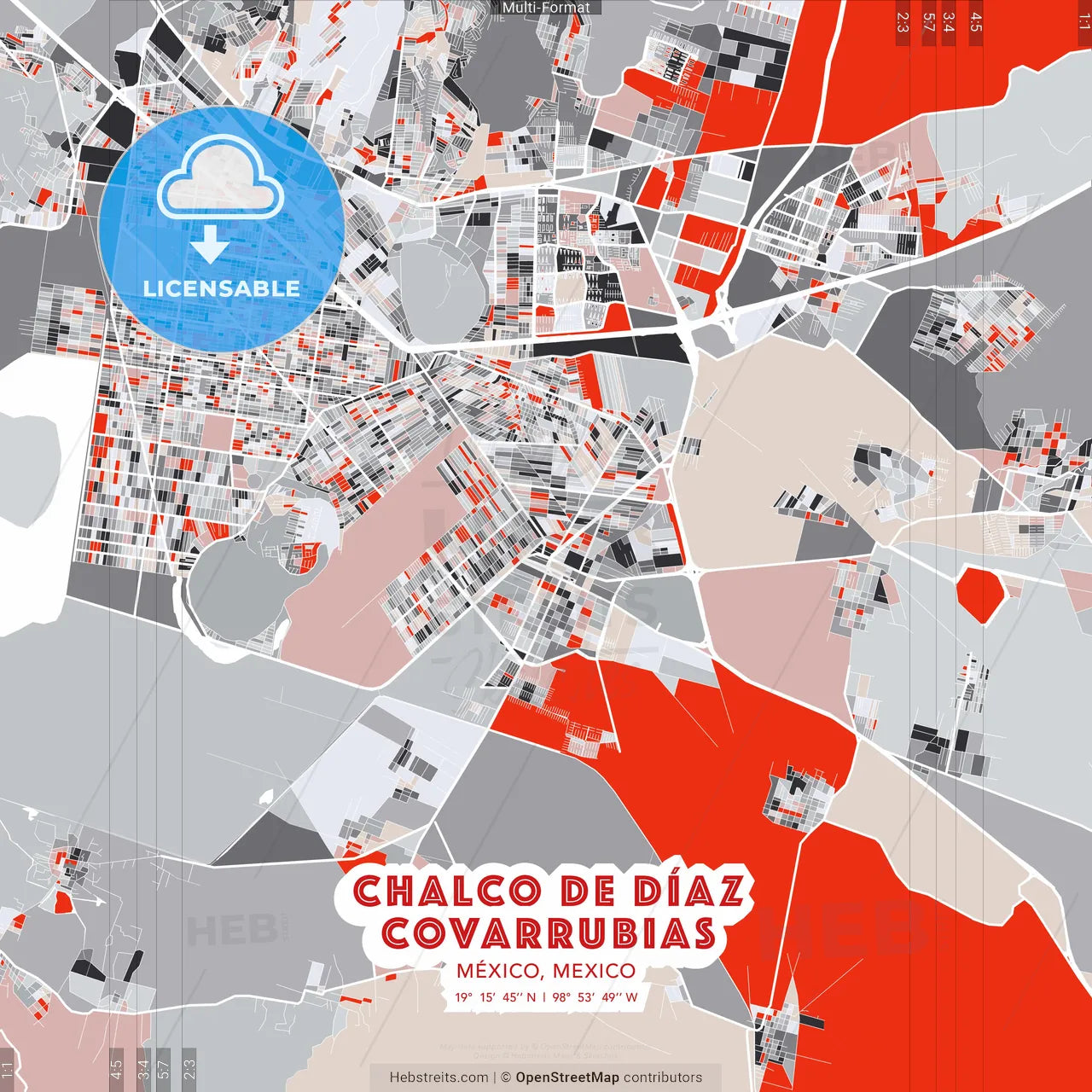 Chalco de Díaz Covarrubias, México, Mexico - modern street map poster template with gray and red tones