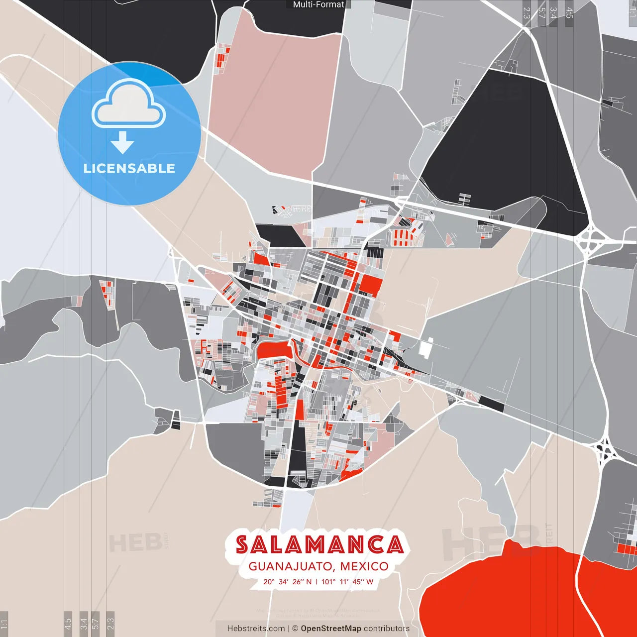 Salamanca, Guanajuato, Mexico - modern street map poster template with gray and red tones