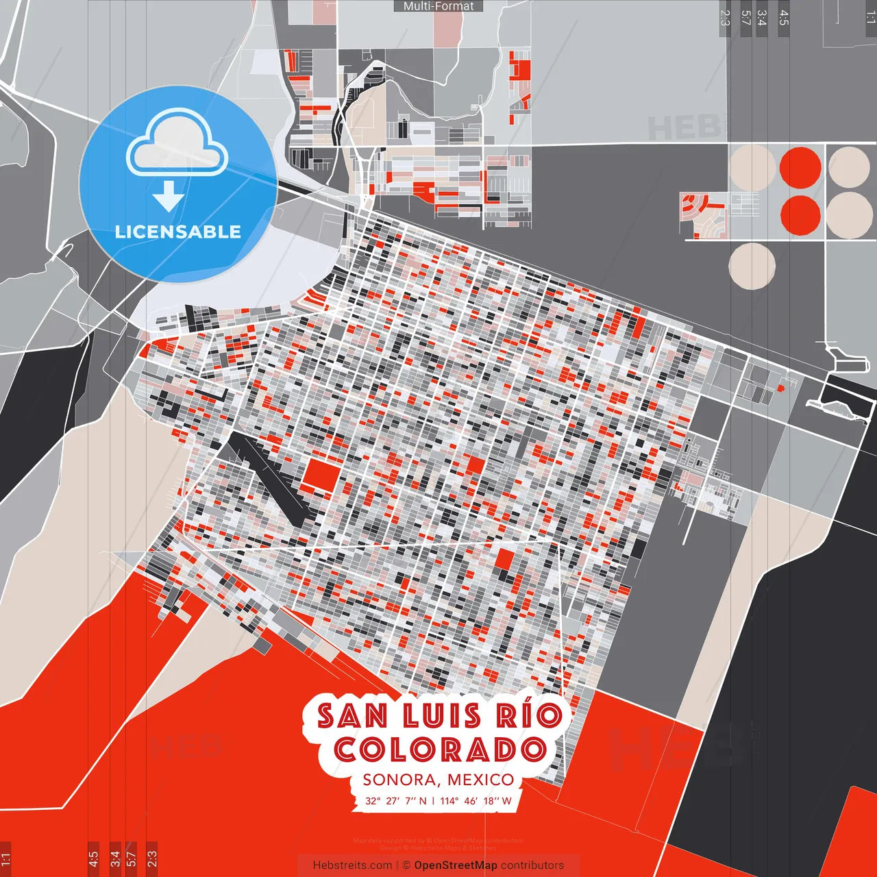 San Luis Río Colorado, Sonora, Mexico - modern street map poster template with gray and red tones