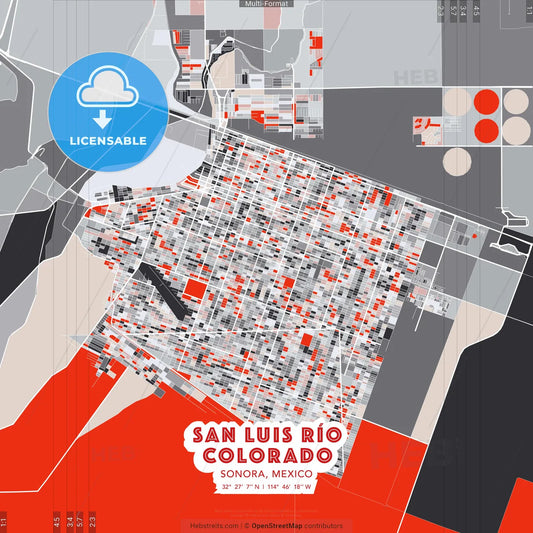 San Luis Río Colorado, Sonora, Mexico - modern street map poster template with gray and red tones