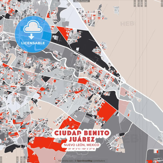 Ciudad Benito Juárez, Nuevo León, Mexico - modern street map poster template with gray and red tones