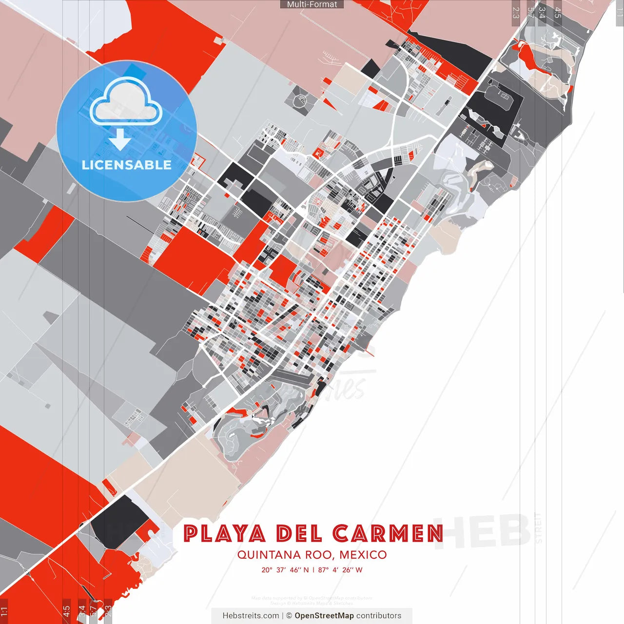 Playa del Carmen, Quintana Roo, Mexico - modern street map poster template with gray and red tones