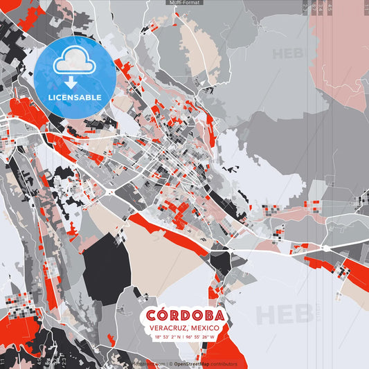 Córdoba, Veracruz, Mexico - modern street map poster template with gray and red tones