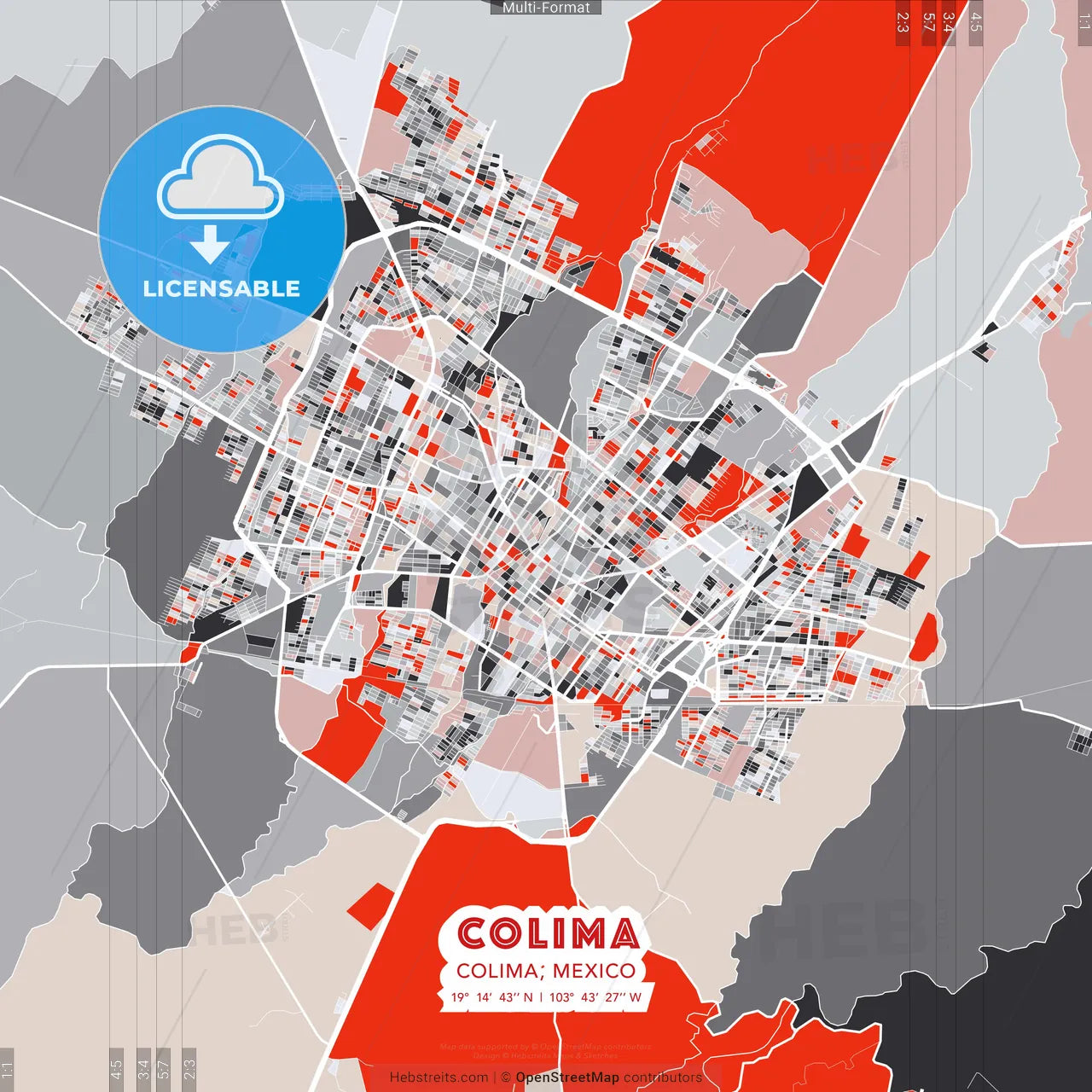 Colima, Colima, Mexico - modern street map poster template with gray and red tones