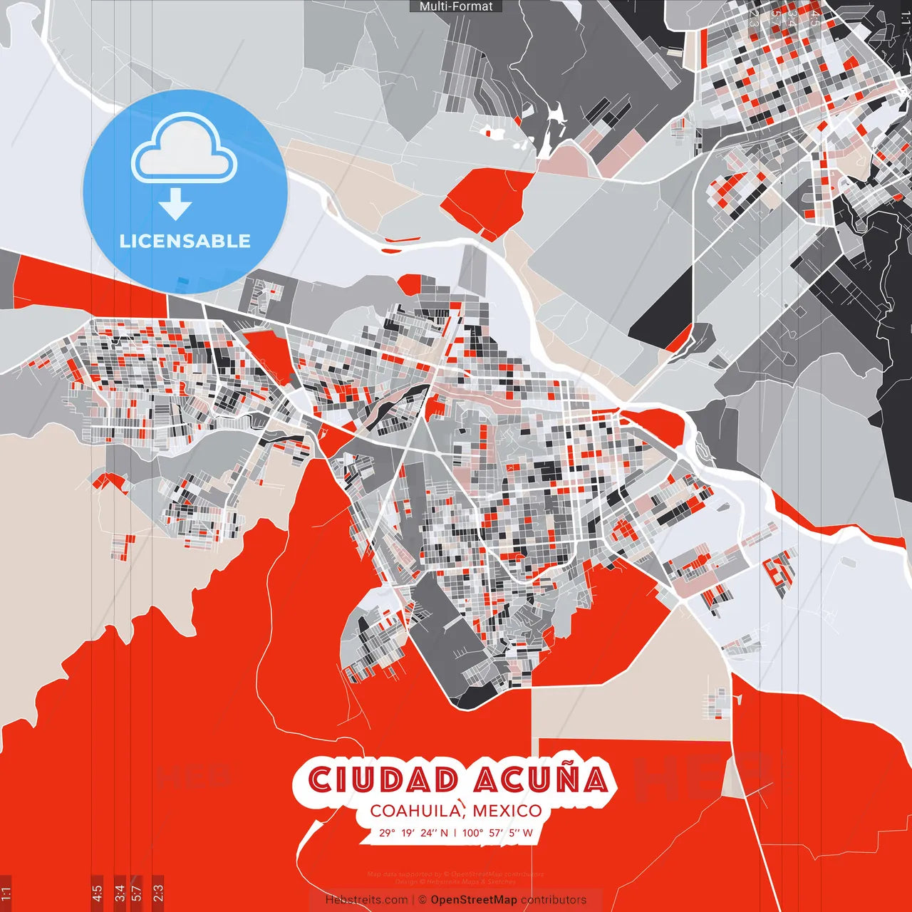 Ciudad Acuña, Coahuila, Mexico - modern street map poster template with gray and red tones